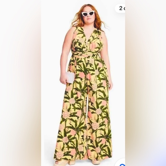 Agua Bendita Pants - Agua Bendita x Peony Botanical Print Jumpsuit - Yellow/Dark Olive women’s xl